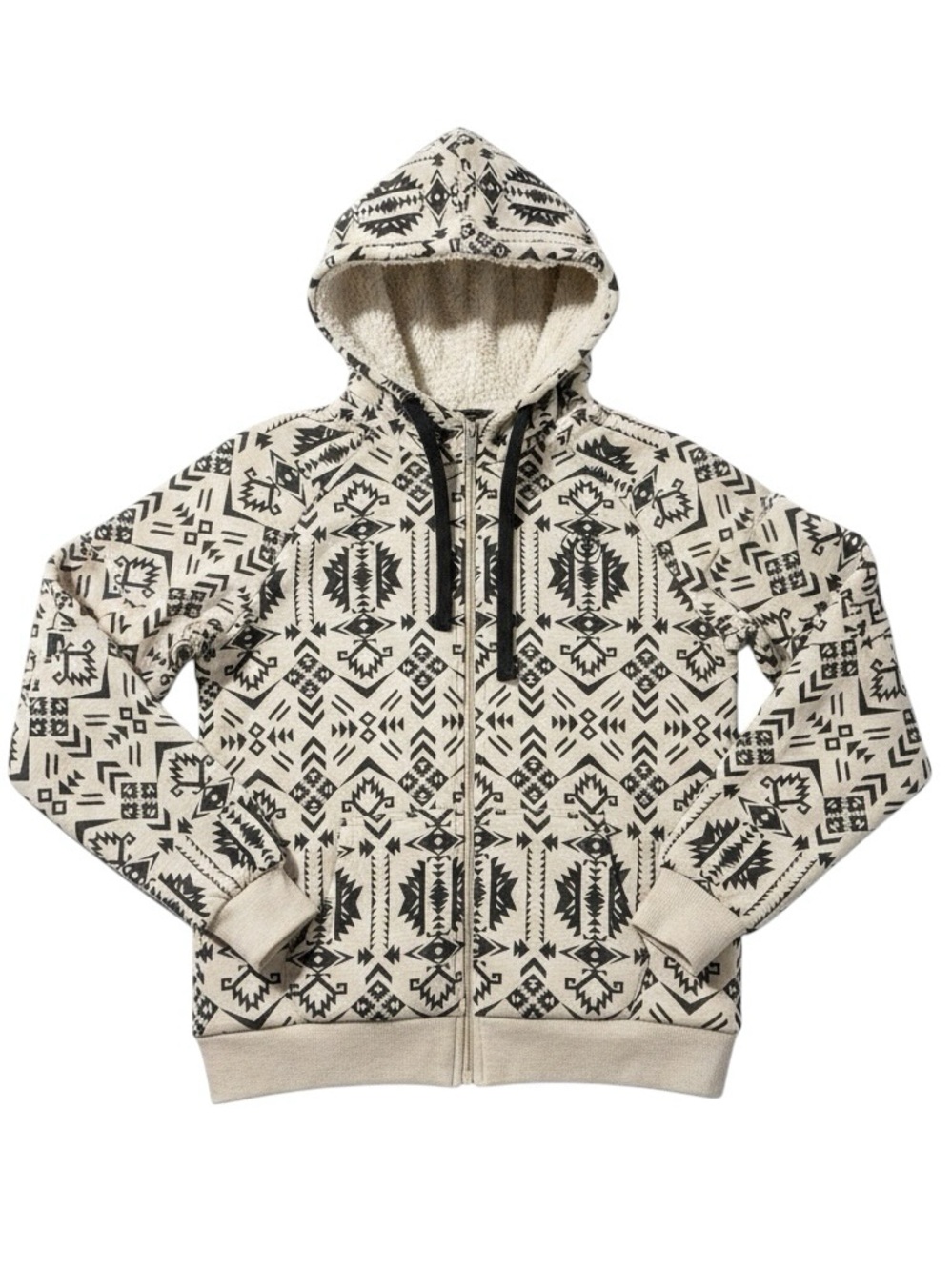 Ariat Real Aztec Print Sherpa Lined Hood Full Zip Hoodie Cream Black XS